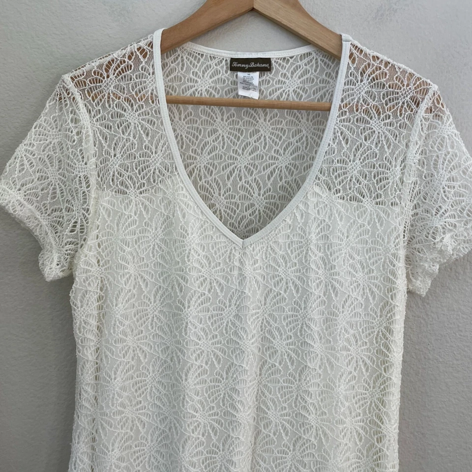 Maxi Vestido Tommy Bahama Para Mujer Grande Marfil Encaje Cuello en V Manga Corta Forrado Foto 2 de 4