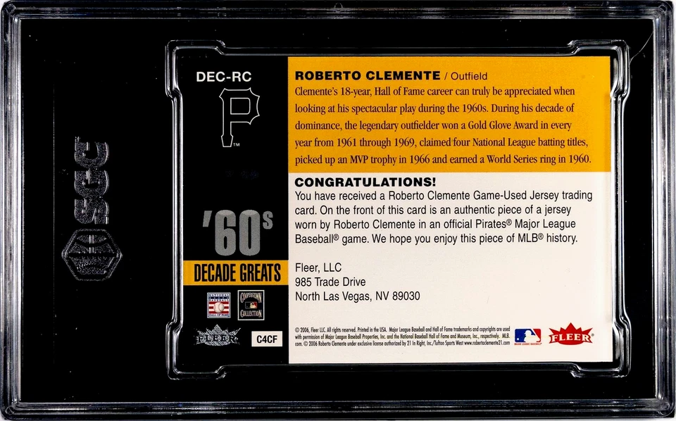 Tarjeta Jersey Roberto Clemente 2006 Fleer Greats of the Game SGC 9 Juego Usada MLB Foto 2 de 2