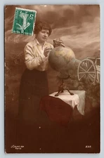 RPPC Happy Birthday Woman w/ Model Cannon On Top of Globe VINTAGE Postcard
