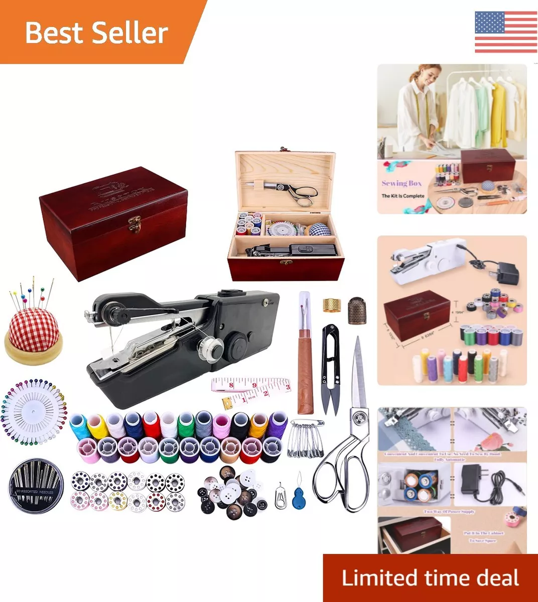 BRIGHTLYLIT Hand Held Sewing Device, Handheld Sewing Machine Heavy Duty, Hand Sewing Machine Portable, Wooden Sewing Box with 153 Pcs Sewing
