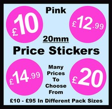 20mm Pink Shop Price Point Stickers / Sticky / Swing Tag Labels �10 to �95 POS