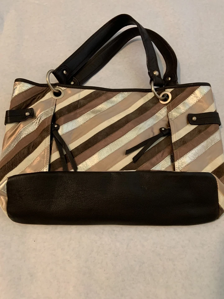 LIZ CLAIBORNE LEATHER/Mixed Fabric Striped Shoulder Handbag Purse LC - Image 3 of 4
