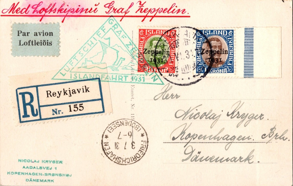 1931 Iceland Graf Zeppelin LZ 127 RPPC Postcard Cover to Denmark