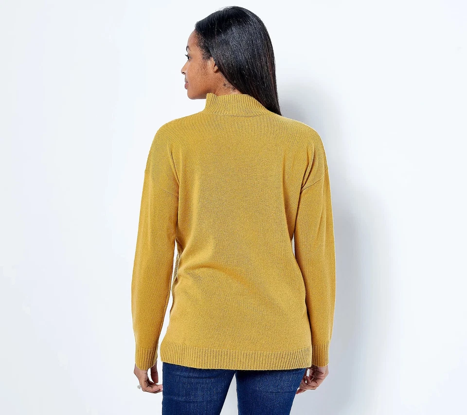 Isaac Mizrahi Live! Cashmere Mock Neck Cable Knit Sweater Dijon Size M A452271 - Image 2 of 4