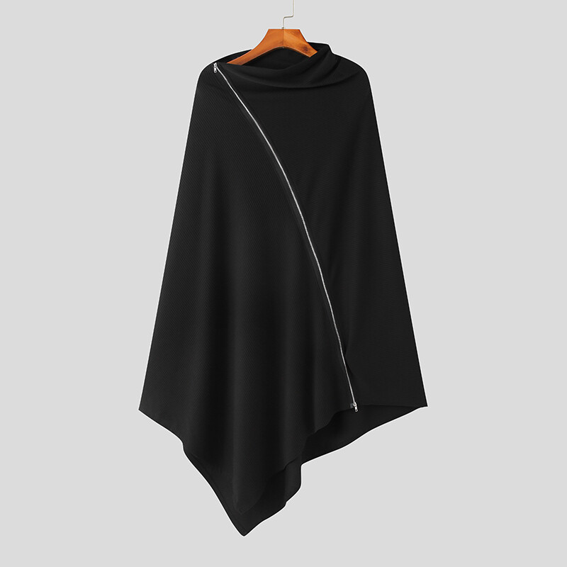 ポンチョ・ケープ Plain Structured Black Cape With High Collar Men Gothic Punk Poncho Cape Cloaks Asymmetrical Hem Zip | eBay