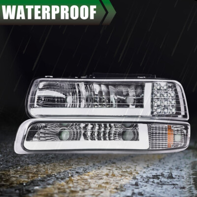 Clear LED DRL Headlights + Fog Lights Kit For 99-06 Chevy Silverado, Suburban, Tahoe - Chrome Housing, Direct Fit