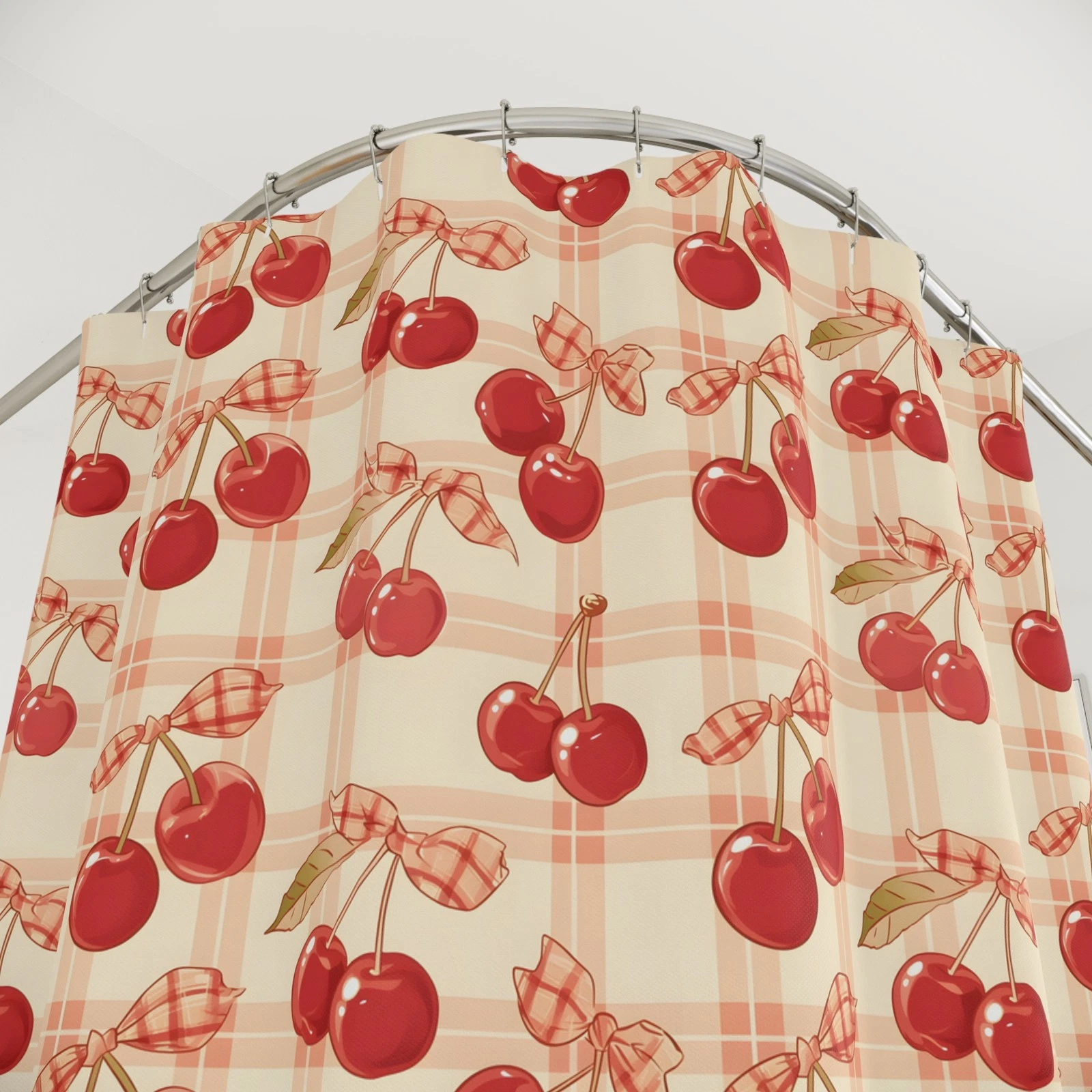 Cherry Plaid Shower Curtain, Retro Fruit Pattern