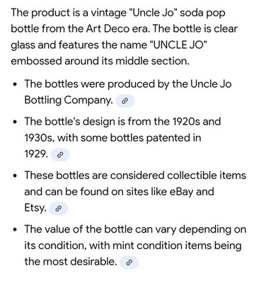 1920's - 1930 VINTAGE UNCLE JO Soda Bottle