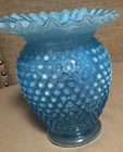 Vintage Fenton Art Glass Blue Opalescent Hobnail Mini Vase, Ruffled Rim