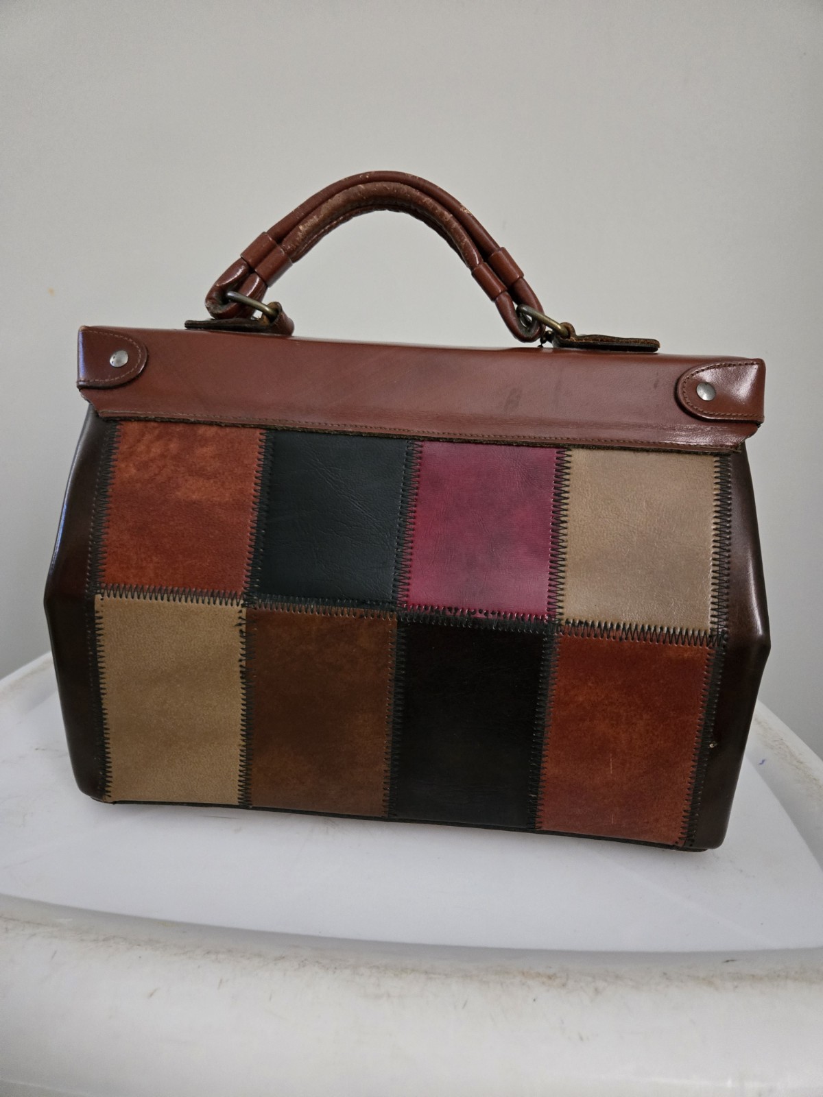 Vintage Leather Patchwork Handbag With Lock And K… - image 2