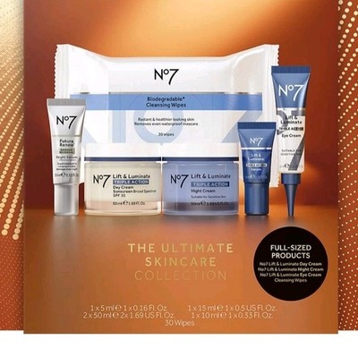 No7 Lift & Luminate Skincare Set Day Night Cream SPF 30 Eye Serum Wipes