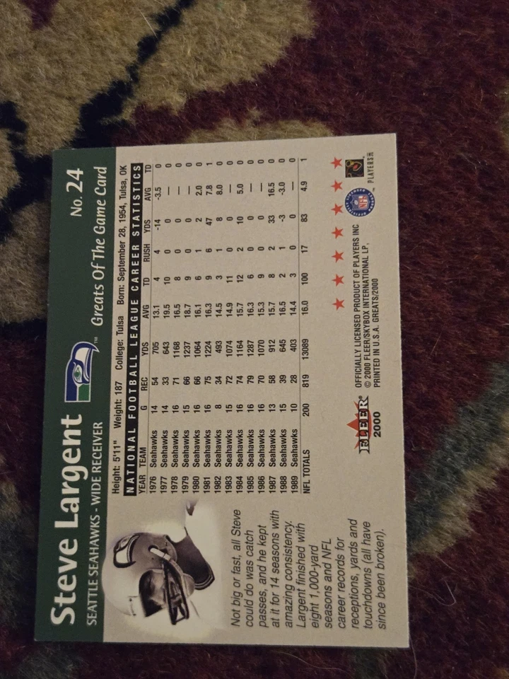 2000 Fleer Greats of The Game Steve Largent #24 Autograph Seattle Seahawks HOF - Image 2 of 2