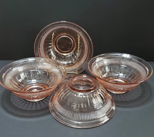 4 Anchor Hocking Pink Annapolis Rosewater Cereal Bowls 6 1/2 "  Glass Set