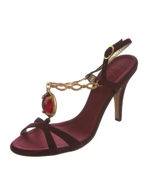 GIUSEPPE ZANOTTI Burgundy Suede Gold Chain &Red Jewel T-Strap Sandals IT 38 Good - Image 1 of 4