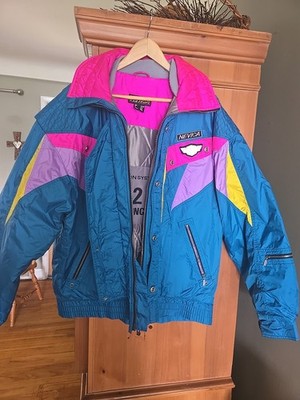 Vintage 90's Nevica Ski Jacket Mens 44M Retro Neon Pink Teal Yellow Color Block