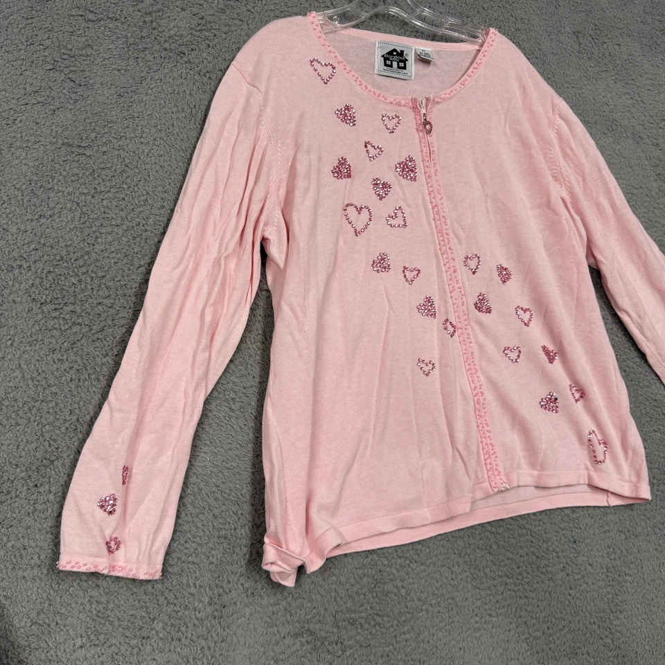Suéter de punto Storybook para mujer 2X cárdigan rosa con cremallera lentejuelas corazones San Valentín Foto 2 de 4