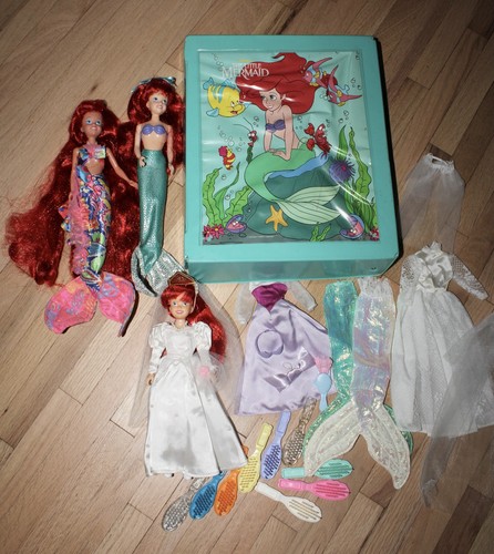 Vintage 1992 Disney THE LITTLE MERMAID Ariel 3 Doll Lot & Case w/Accessories