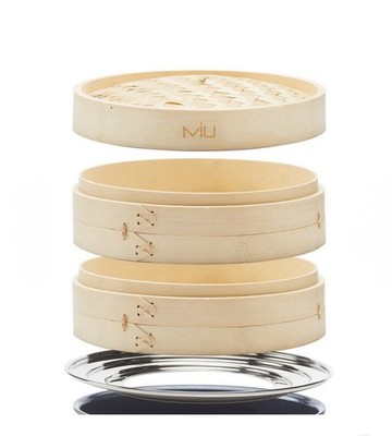 MIU Bamboo Steamer Basket 2-Tier 10'' 4-Piece Dim Sum Dumpling Healthy Cooking