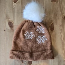 Loft OS Brown Snowflake Winter Hat With White Fluffy Pom Pom