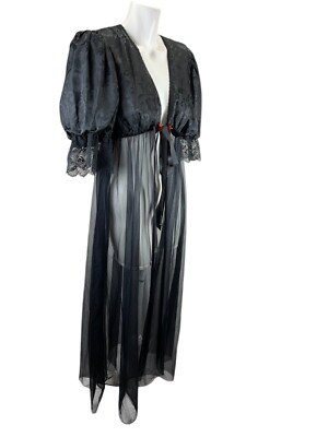 Vintage Sexy Deep V Lingerie Robe Sheer Women's PS Open Front Puff Sleeve Witchy