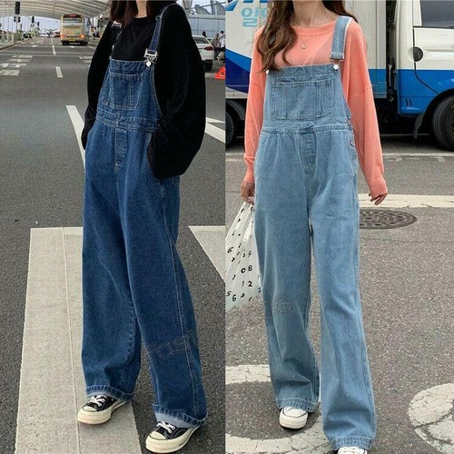 Womens Loose Wide Leg Jeans Suspenders 