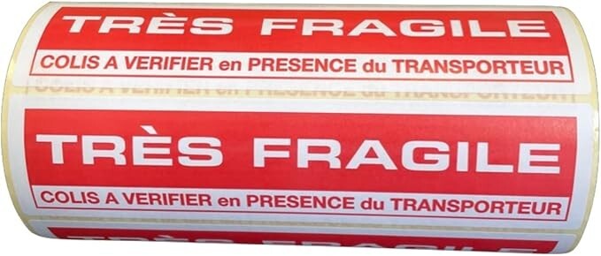 1000 Etiquettes Fragile autocollantes pour colis 10x5 cm avec consigne transporteur