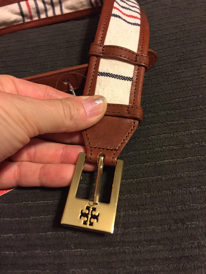 NWT TORY BURCH DASH BELT LEATHER TRIM NAVY NATURAL RED CANVAS SIZE XXS $185 - Image 2 of 4