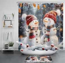 Holiday Cute Snowman and Snow in Winter Shower Curtain Bathroom Accessories Set