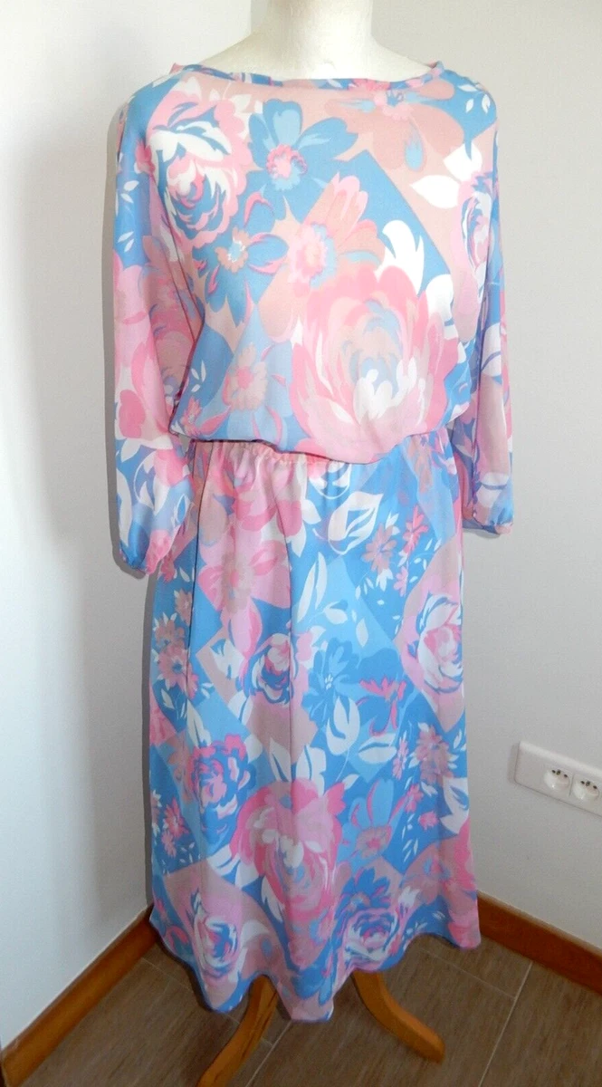 robe T38 vintage ann es 70 s en voile mousseline bleu motifs