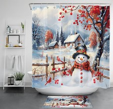 Red Christmas Snowman and Winter Tree Shower Curtain Bathroom Accessories Set