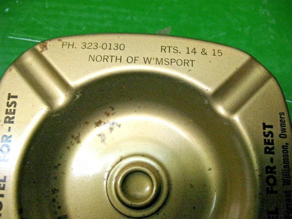 ВИНТАЖНАЯ МЕТАЛЛИЧЕСКАЯ ПЕПЕЛЬНИЦА MOTEL FOR-REST MR. & MRS. FORREST ВЛАДЕЛЬЦЫ WILLIAMSPORT PA - Изображение 3 из 4