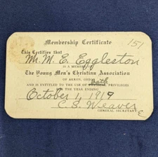 The Young Men's Christian Association - YMCA - 1919 Membership Card Akron, Ohio