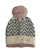 Soft Warm Style Pink Knitted Chevron Print Beanie With Faux Fur Pom Pom