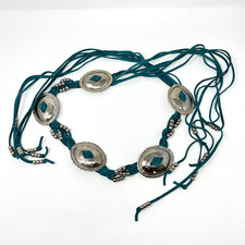 Vintage Women's Turquoise Concho Belt Suede Leather Tie Fringe Beads