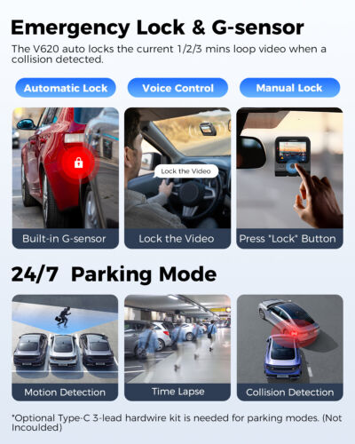 V620 4K+1080P Dual Dash Cam ADAS WiFi 6 GPS Cars Recorder Parking Mode Free 64GB - Picture 6 of 11