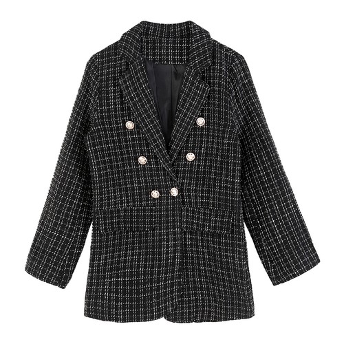 Women's Tweed Blazer Jacket Open Front Casual Work Office Coat with Fake Pockets - Picture 24 of 47