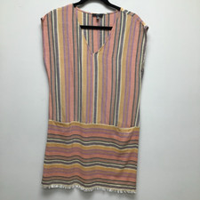 Anthropologie Drew Womens Agave Tunic Dress Pink Striped Pockets V Neck Fringe M