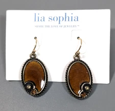 Lia Sophia Kiam Family Brown Bronze tone Oval Drop Pierced Earrings NEW