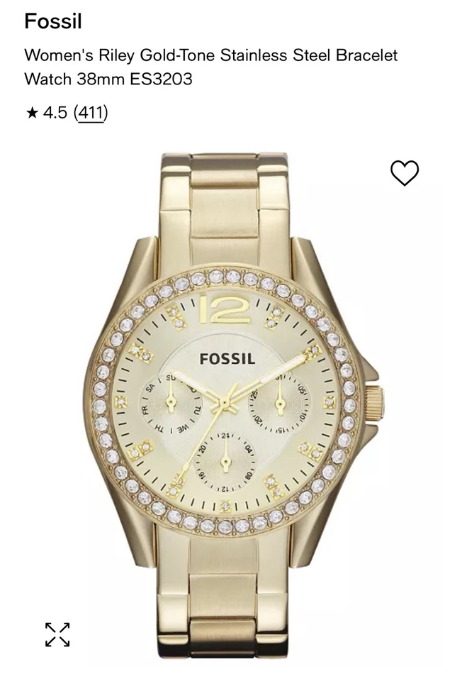 Fossil Riley Watch Day Date 38mm Gold Tone Case Dial Band ES3203 Gem Set - Image 2 of 4