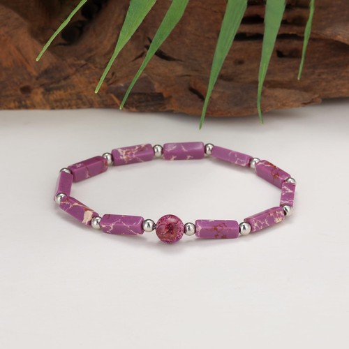 Natural Stone Purple Bracelet for Women 13MM Rectangular Beaded Gemstone Bracele - Picture 3 of 6