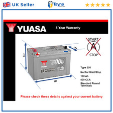 Car Battery YBX5334 Yuasa 250 830A 100Ah 5Yr WTY 303x174x222 Silver High Perf.