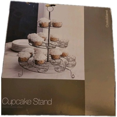 Crate & Barrel 3 Tier Metal Cupcake Muffin Stand Silver ~ Holds 24 w/ Box