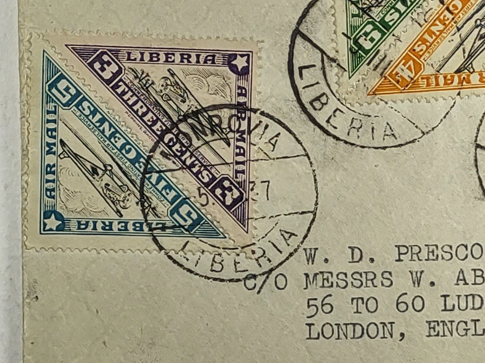 1937 Liberia Primer Vuelo Correo Aéreo Cubierta vía Air France Monrovia - Londres Inglaterra Foto 4 de 4