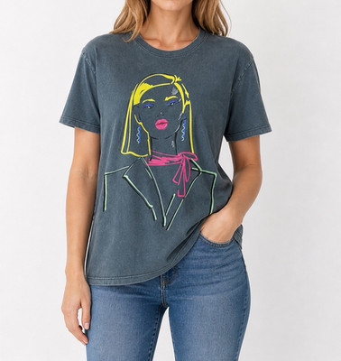 LCW Vision Shirt XS Neon Pink Yellow Graphic Tee Blonde Woman Sketch 100% Cotton