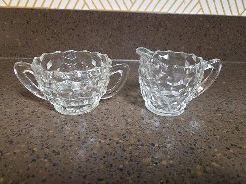 Fostoria American Hexagonal Cream and Sugar Bowl Set Excellent Condition