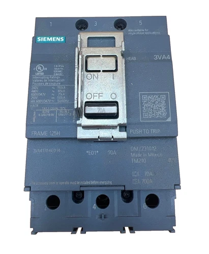 Siemens 3VA4170-6ED34-0AA0 Circuit Breaker 70A 600V 3P Bolt On 70 Amp 3 Pole