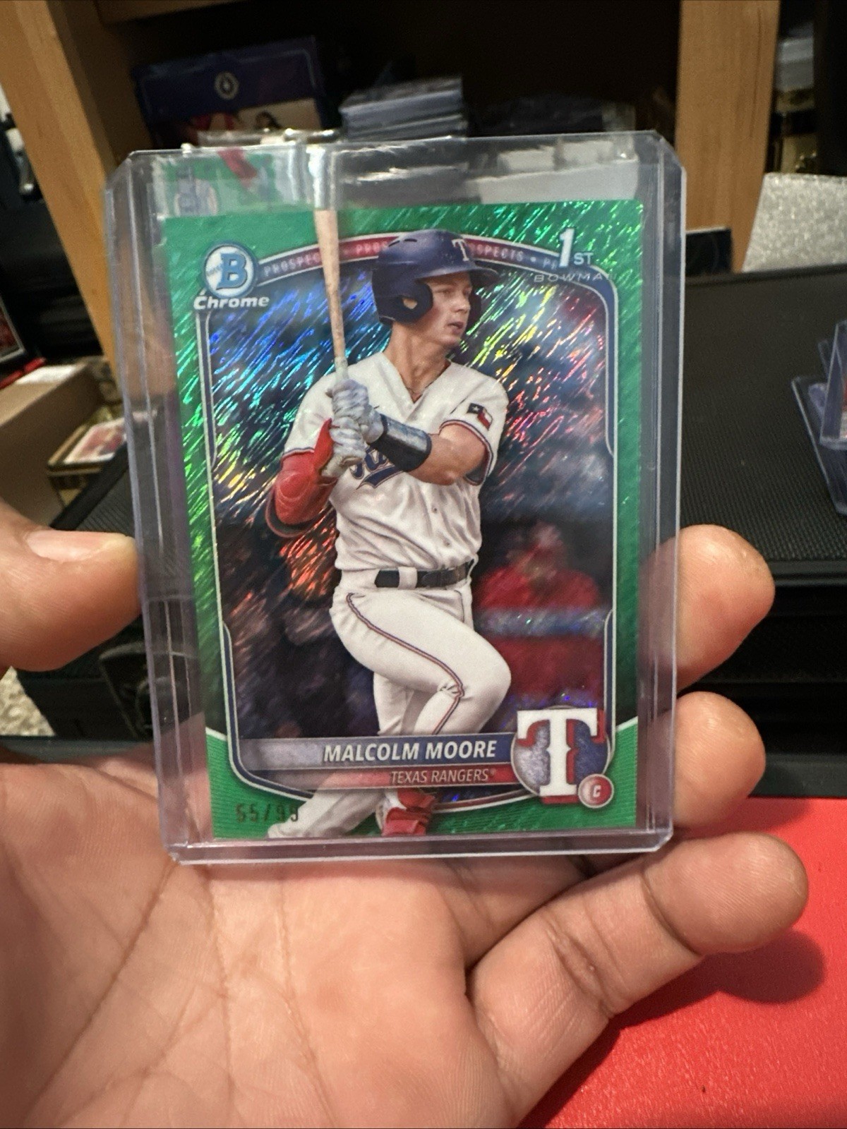 2025 Bowman Malcolm Moore 1st Chrome GREEN SHIMMER /99 Texas Rangers #BCP-129