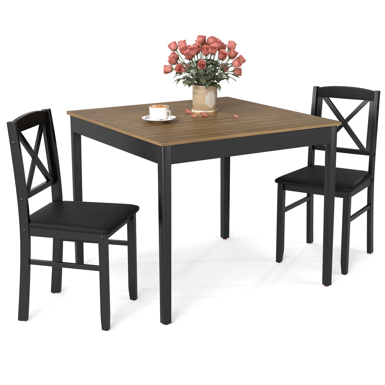 COSTWAY 3 Piece Dining Table Set, Kitchen Table and 2 Folding Chairs with Storage Shelves, Anti-Toppling Device & Large Base, Metal Frame Bar Table Set for Kitchen Dining Room (Rustic Brown) 27 COSTWAY 3-Piece Dining Table Set Wooden Square Kitchen Table with 2 Chairs
