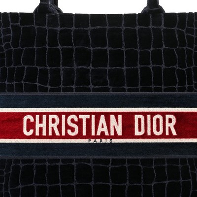 Christian Dior Blue Velvet Mizza Embroidered Large Croc Book Tote
