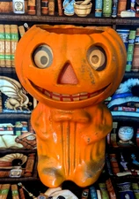 Vtg Paper Mache inspired Halloween Standing Jack-o-Lantern man bow tie 8" tall